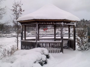 Gazebo at Gravenhurst Wharf covered in snow